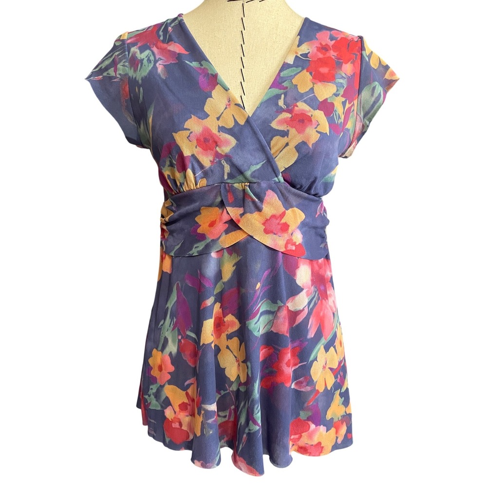 Sweet Pea Stacy Frati Mesh Multicolor Floral Short Sleeve Top Women's‎ Large